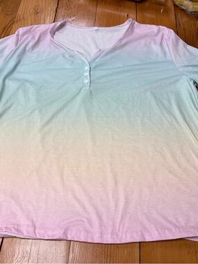 Casual Ombre Button-Down Henley Top - Pastel Pink & Mint